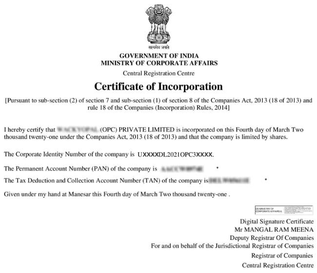A certificate of incorporation for an OPC