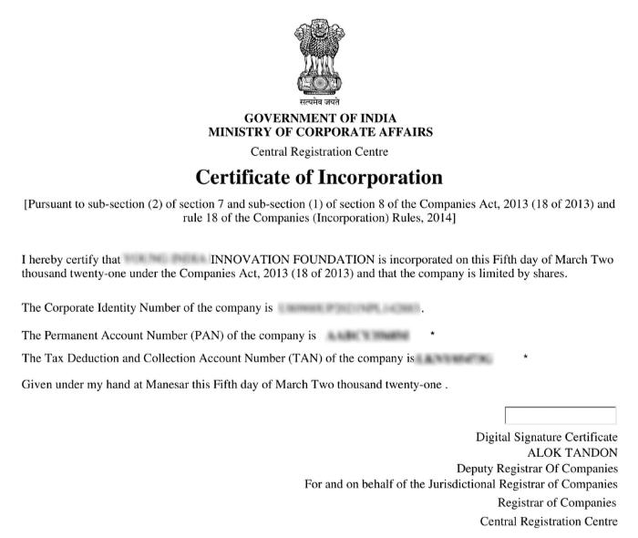 A certificate Section 8 Incorporation Certificate Sample